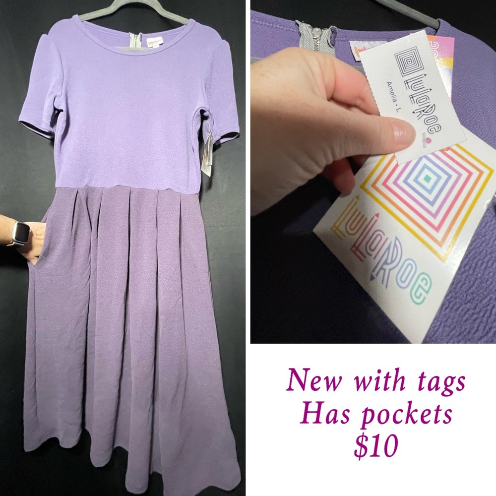 LuLaRoe Large Amelia Dress, NEW with tags. Has pockets. Two shades of purple